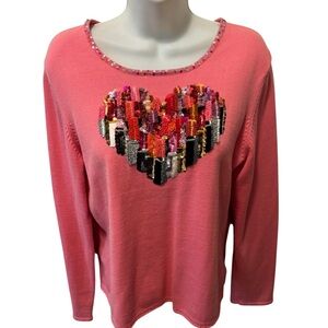 Smitten By Michael Simon Pink Textured Heart Embellished Sweater Sz M LS Sequin